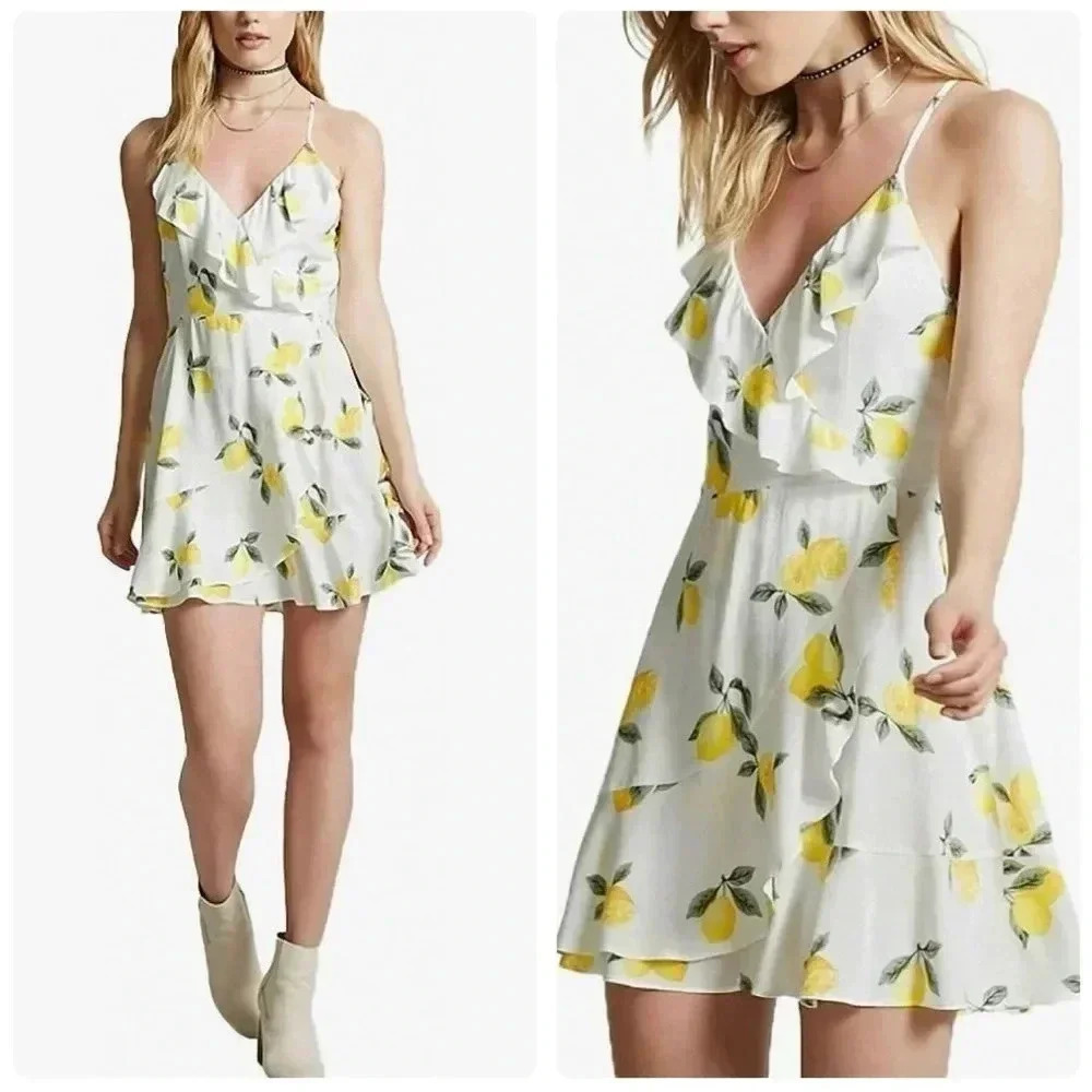 JAPNA | Women’s Lemon Printed Smoked Back V-neck Ruffled Sheer Mini Dress Size M